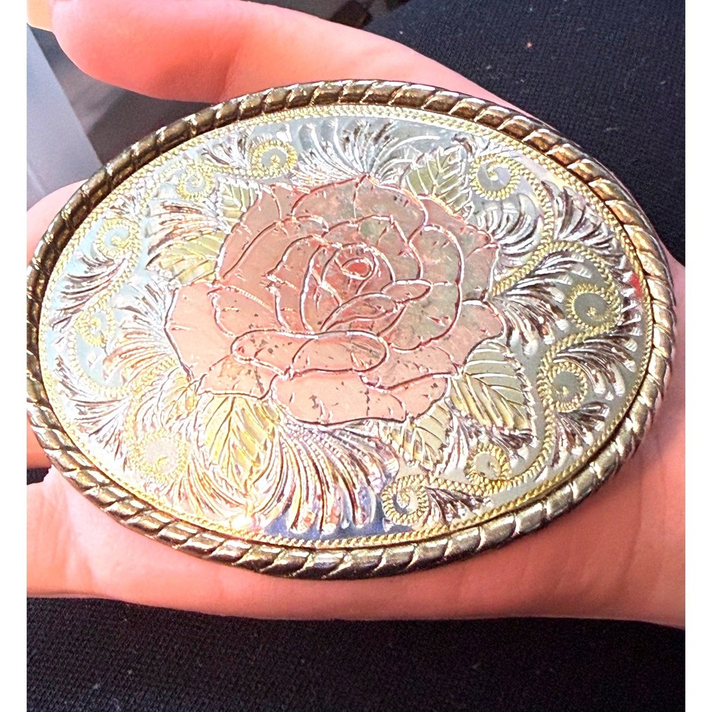 Vintage Western Belt Buckle Rose Gold Etched Cow Girl Made In USA Vintage 80's